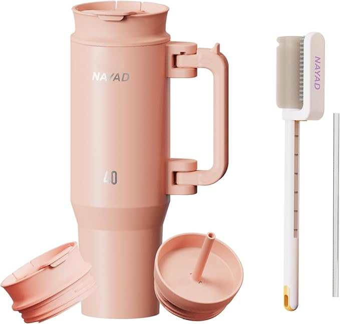 NAYAD 40oz Gift For Mom Tumbler with Handle and Straw Insulated Stainless Steel Travel Mug, Flip Lid & Straw Lid, Folding Handle, Cupholder Compatible, Leakproof Water Bottle for Travel (Pink)