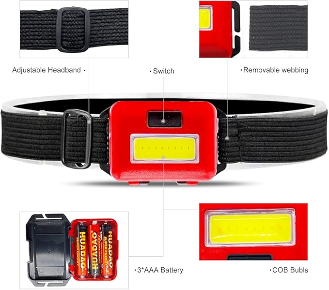 8 Pack Led Headlamp for Adults and Kids, 1.1oz/31g COB Flood Light Ultra Bright Head Lamp with 3 Modes 24 AAA Batteries, Waterproof Work Flashlight for Family Camping Running Reading Hiking