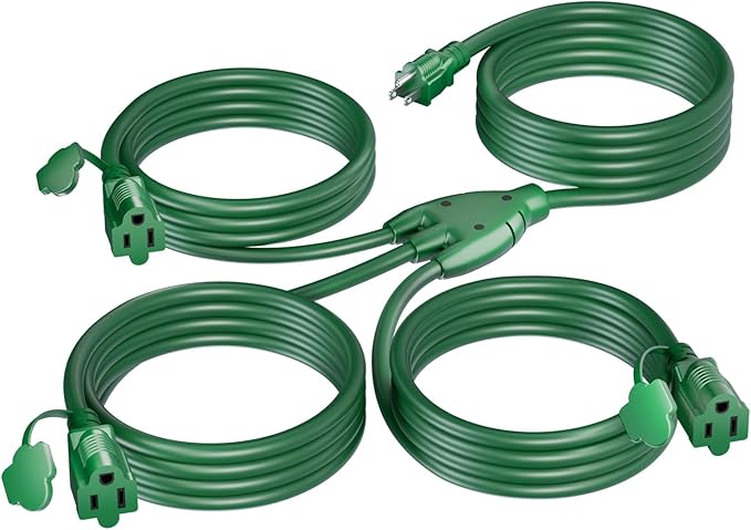 K KASONIC - 25FT Outdoor Extension Cord 1 to 3 Splitter, 3 Prong Outlets Plugs with Safety Covers, Weatherproof Extension Cord for Christmas Decorations, 16/3 SJTW, ETL Listed, Green