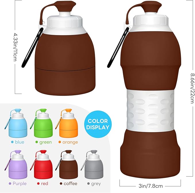Collapsible Lightweight 20oz Water Bottle, Food-Grade Silicone BPA Free, Foldable Portable Leak Proof Office Travel Cycling Sports Outdoor Water Bottle with Vertical Hook (brown, Short nozzle)