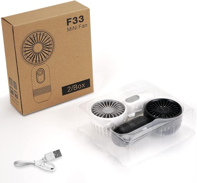 VanSmaGo Portable Mini 2-pack Handheld Personal Small Fan with 3-speed for Travel, USB Rechargeable Battery Operated Eyelash Fan, Black&White