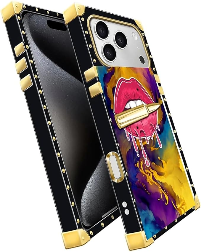 for iPhone 17 Pro Max Case Luxury Golden Decoration for Girl Women Soft TPU Shockproof Protective Hard PC Back for iPhone 17 Pro Max Crazy Pattern Cool Corlorful Lip Marble
