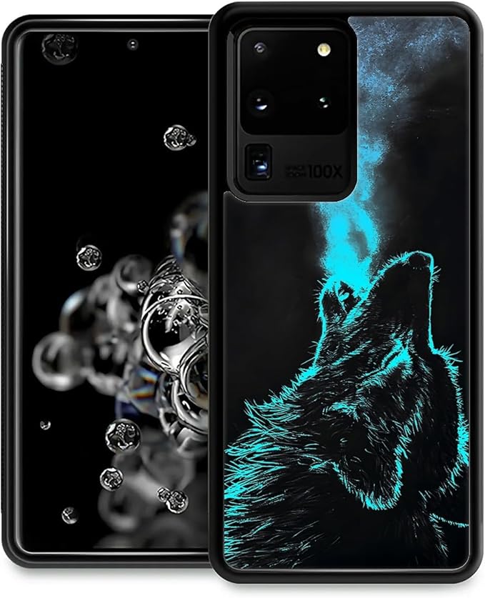 for Samsung Galaxy S20 Ultra Case, Blue Breathing Wolf Pattern Graphic Design Girl Boy Soft Silicone Hard Acrylic Shock Protection for Samsung Galaxy S20 Ultra