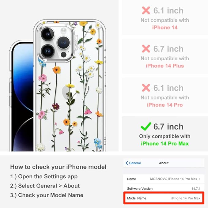 MOSNOVO Case for iPhone 14 Pro Max, [Buffertech 6.6ft Military-Grade Drop Protection] [Anti Peel Off Tech] Clear TPU Bumper Phone Case Cover Design - Wildflowers