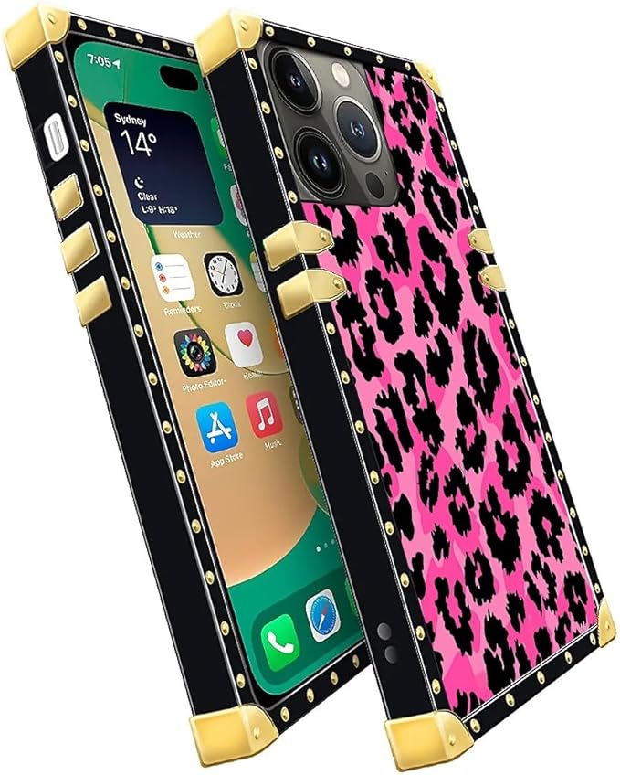 Compatible with iPhone 14 Pro Case, Pink Black Leopard Luxury Golden Decoration for Girl Women Soft TPU Shockproof Protective Hard PC Back for iPhone 14 Pro