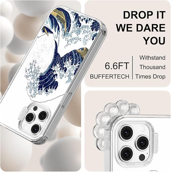 MOSNOVO Case for iPhone 12 & iPhone 12 Pro, [Buffertech 6.6ft Military-Grade Drop Protection] [Anti Peel Off Tech] Clear TPU Bumper Phone Case Cover Design - Great Wave