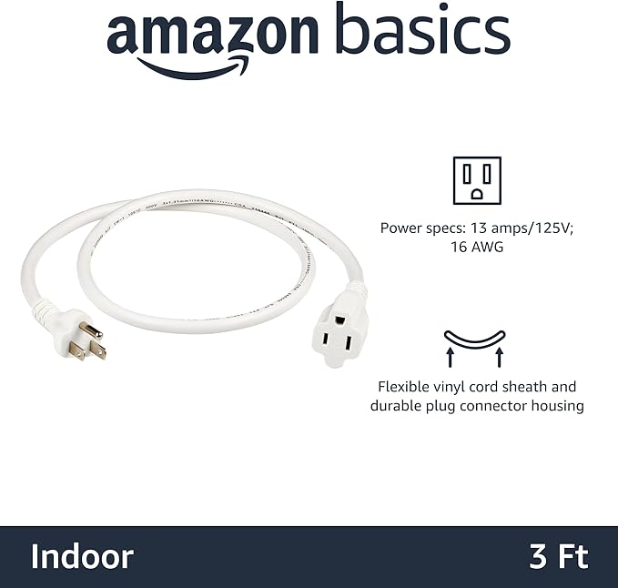 Amazon Basics Extension Cord, 3 Ft, 3-Prong Outlet Extender, Indoor Use, 13 Amps, 125V, White