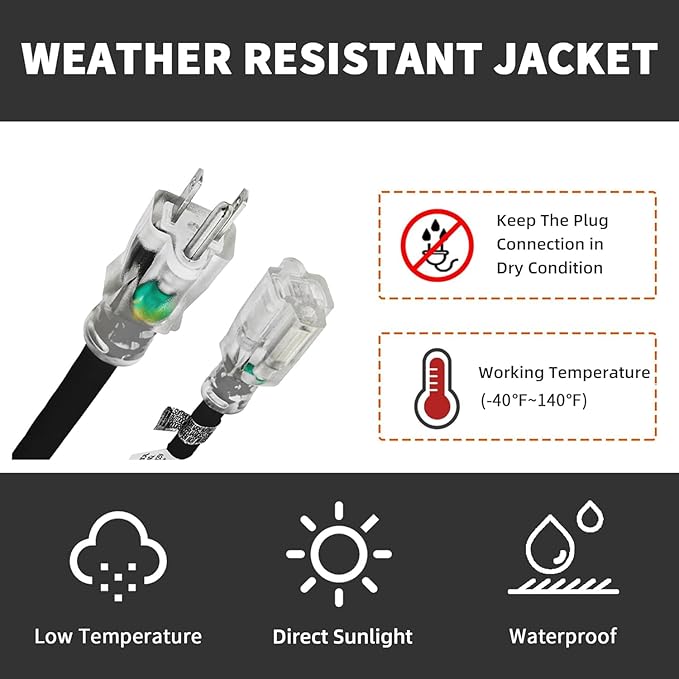 Indoor Outdoor Extension Cord Weatherproof with Lighted End, UL Certified, 10 Gauge 8FT Black 3 Prong Heavy Duty, 10/3 SJTW 15A Power Cord for Outdoor Lights, Lawn