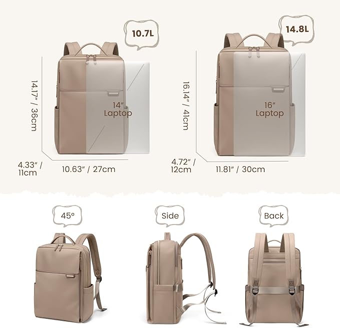 Laptop Backpack for Women, Work Business Traval Computer Backpacks with Laptop Compartment Waterproof Casual Daypack for Travel College,16Inch,Champagne Brown