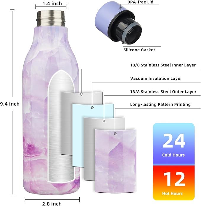 BJPKPK Insulated Water Bottles, 18 oz Stainless Steel Metal Water Bottle with Strap, BPA Free Leak Proof Jugs, Mugs, Flasks, Reusable Thermal Flasks for Sports & Travel, Dawn