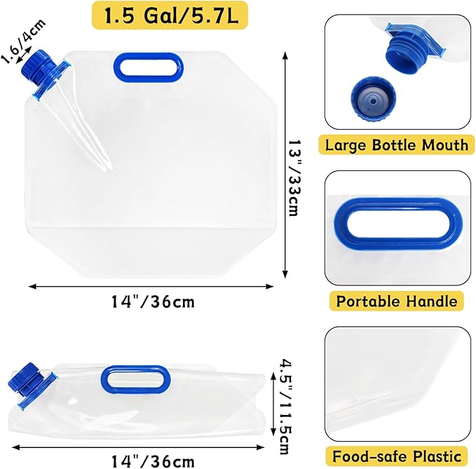 AVLA 6 Pack Collapsible Water Container Bag, 1.5 Gal Clear Plastic Foldable Storage Jug, No-Leak Freezable Camping Carrier Tank, Folding Hiking Hydration Canteen for Outdoor Sport Riding Mountaineer