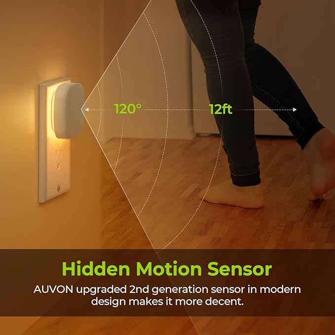 AUVON Plug-in LED Backlit Night Light with Motion Sensor & Dusk to Dawn Sensor, Dimmable Amber Nightlight with 1-50 lm Adjustable Brightness for Bathroom, Bedroom, Hallway, Stairs (2 Pack)