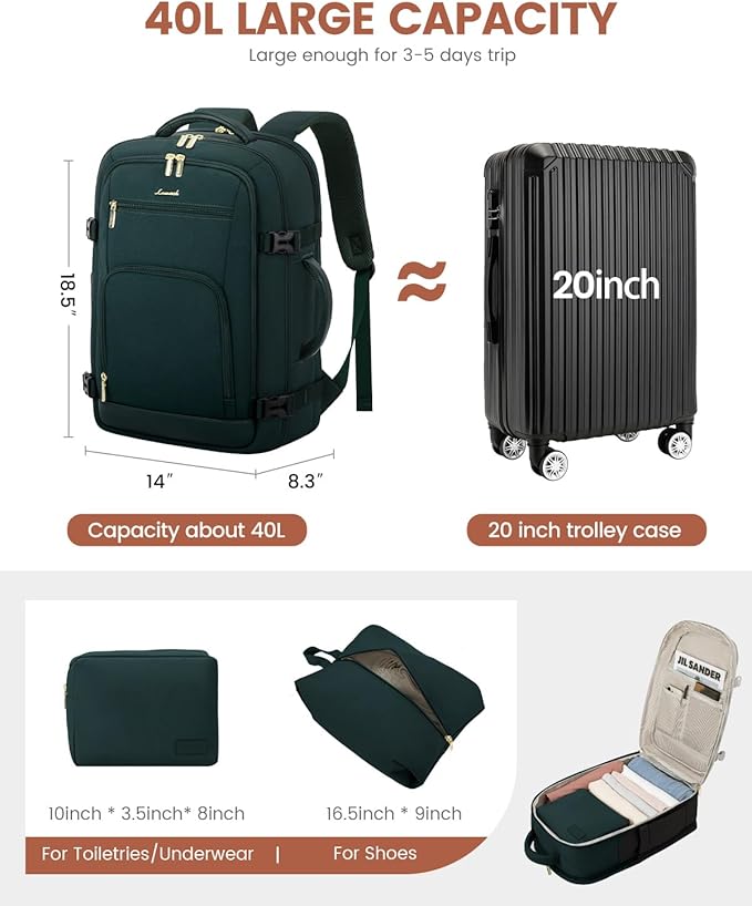 LOVEVOOK Carry On Travel Backpack For Women Flight Approved, 40L Personal Item Travel Bag for Airplanes, Business Weekender Fit 17 Inch Laptop, Waterproof Overnight Daypack with 2 Cubes