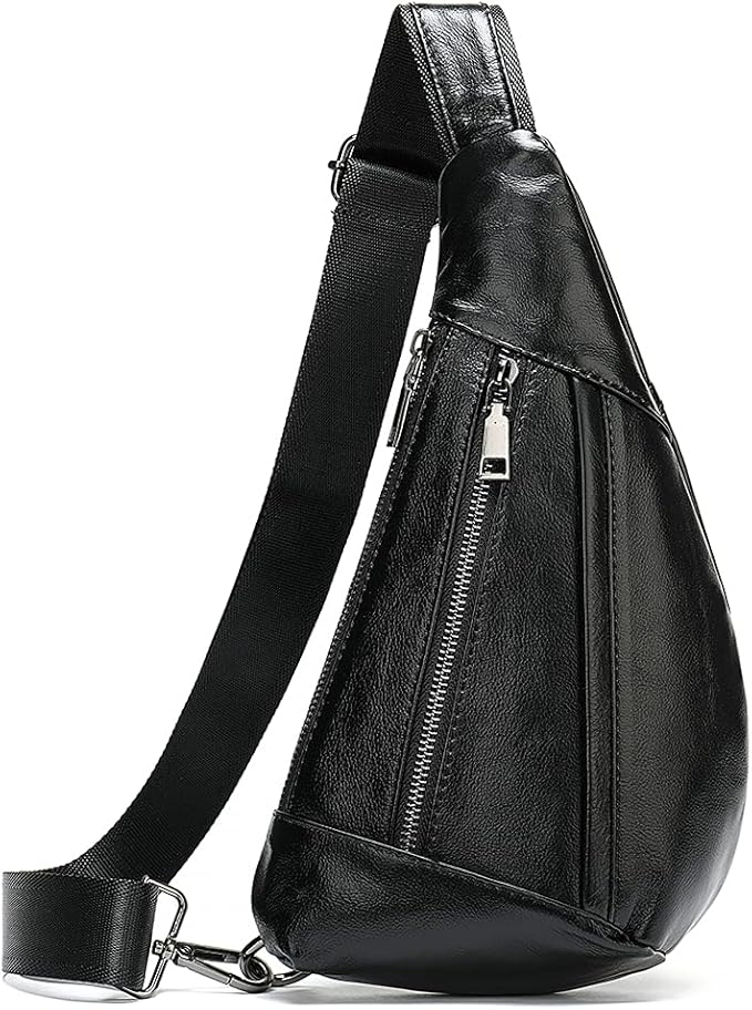 Hebetag Leather Crossbody Sling Bag for Men Women Single Shoulder Chest Pack Backpack Outdoor Travel Camping Casual Daypack Black