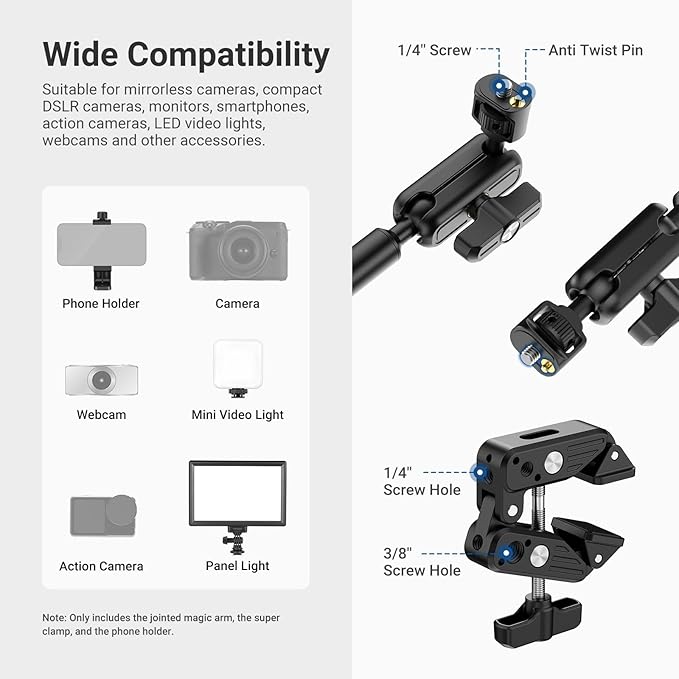 NEEWER Basics Magic Arm Table Stand, 55 cm Microphone Arm Overhead Mobile Phone Holder Desk with 1/4" 3/8" Threads for ARRI, for DSLR Action Cam Webcam Mic LED Light for Video Reinforcement, UA061