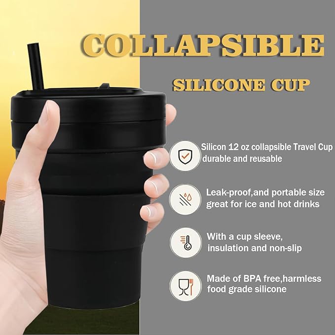12 Oz Silicone Collapsible Travel Cup with Bag,Portable Silicone Water Bottle for Hot and Cold Beverages, Reusable Folding Drinking Cup with Lids 350ml for Outdoor Camp Hiking Travel with Straw -Black