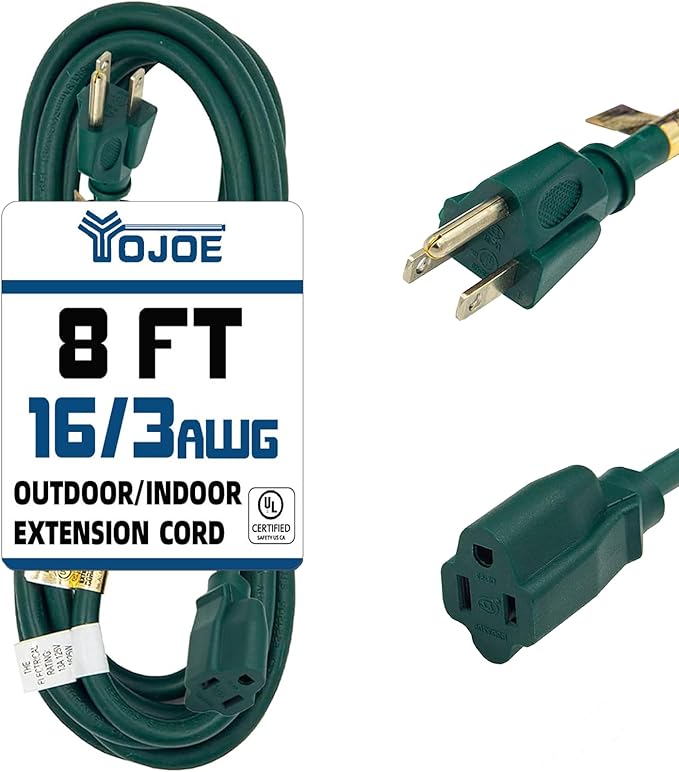 YOJOE Indoor Outdoor Extension Cord, 3 Prong 13A Weatherproof Power Cord, 16 Gauge Heavy Duty 8 ft Green Extension Cord for Garage, Garden and Home, 16/3 SJTW UL Listed