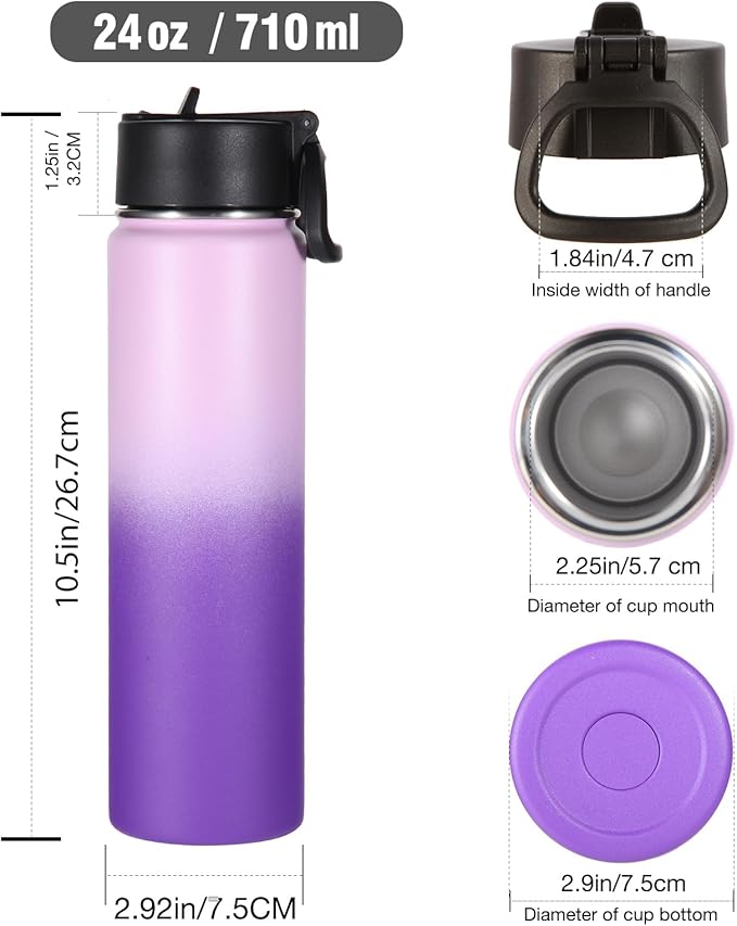 Volhoply 24oz Insulated Water Bottle With Straw Bulk 3 Pack,Metal Wide Mouth Water Bottles With Handle Keep Cold,Reusable Double Wall Cups,Powder Coated Sport Bottle For Holder(Purple,3 Count)