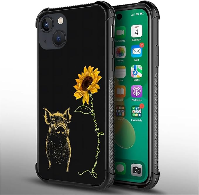 for iPhone 13 Mini Case, Pig Sunflower Yellow Sunshine Pattern Made of Soft Silicone Hard Acrylic Shock Protection for iPhone 13 Mini