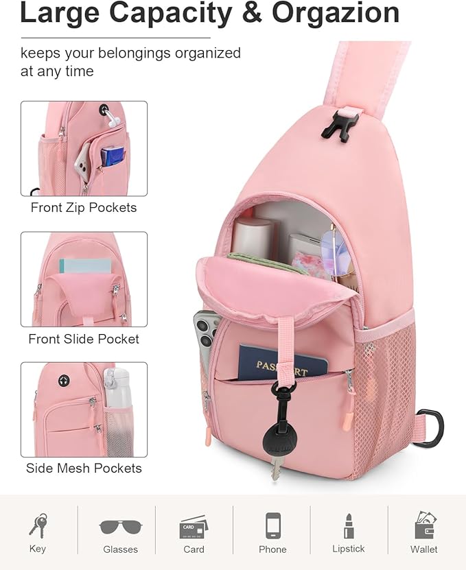 Pritent Crossbody Bags for Women Man Waterproof Sling Bag Backpack Trendy Casual Cross Body Bag with Convertible Shoulder Strap Chest Bag for Camping Hiking Travel Essentials (Pink, Medium)