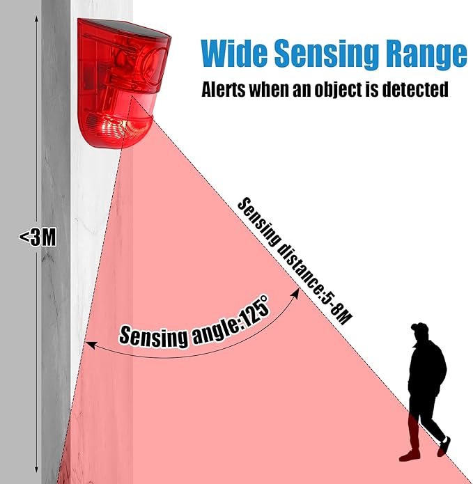 Qualirey Solar Sound and Light Alarm Motion Sensor 129db Outdoor Security Siren Waterproof Activated Detector Driveway Alarm 6 LEDs Flash Warning Deterrent Strobe System for Home, Farm(Red,16 Pack)
