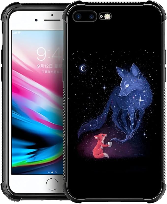 for iPhone 7 Plus/8 Plus Case, Galaxy Fox Wolf Pattern Graphic Design Girl Boy Soft Silicone Hard Acrylic Shock Protection for iPhone 7 Plus/8 Plus