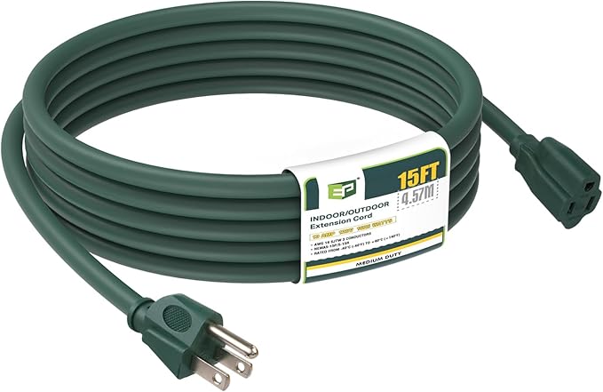 EP 15FT Green Outdoor Extension Cord, 16/3 SJTW Heavy Duty Waterproof, 3 Prong Grounded Plug, 13A 1625W 16AWG, Cold-Resistant Flexible Power Cable for Garden, Home, Christmas Lights