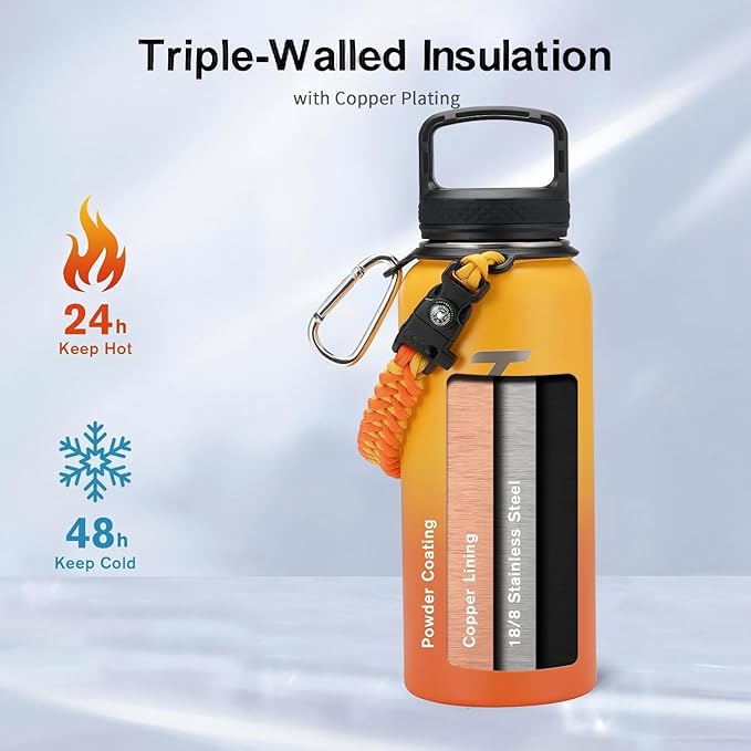 Trebo 32oz Water Bottle Insulated with Lid and Straw,Triple Wall Vacuum Stainless Steel Metal Tumbler Sports Flask with Paracord Handle, Keep Hot 24 Hours & Cold 48 Hours Water Cup with 3 Lids, Orange