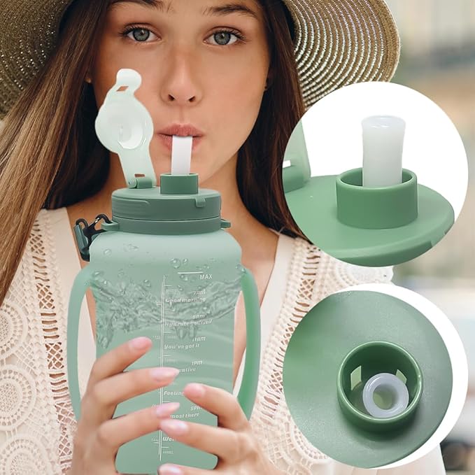 64oz Foldable Silicone Water Bottle with Straw, BPA-Free Motivational Time Marker, Leakproof Collapsible Water Jug with Handle for Gym, Sports, Camping & Outdoor Activities (Green)