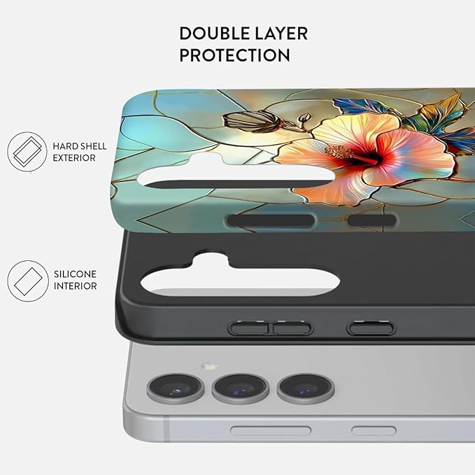 Compatible for Samsung Galaxy S25 Plus 5G Case, Dual Layer Heavy Duty 2 in 1 Shockproof Protective Phone Case,Stained Glass Floral Hibiscus