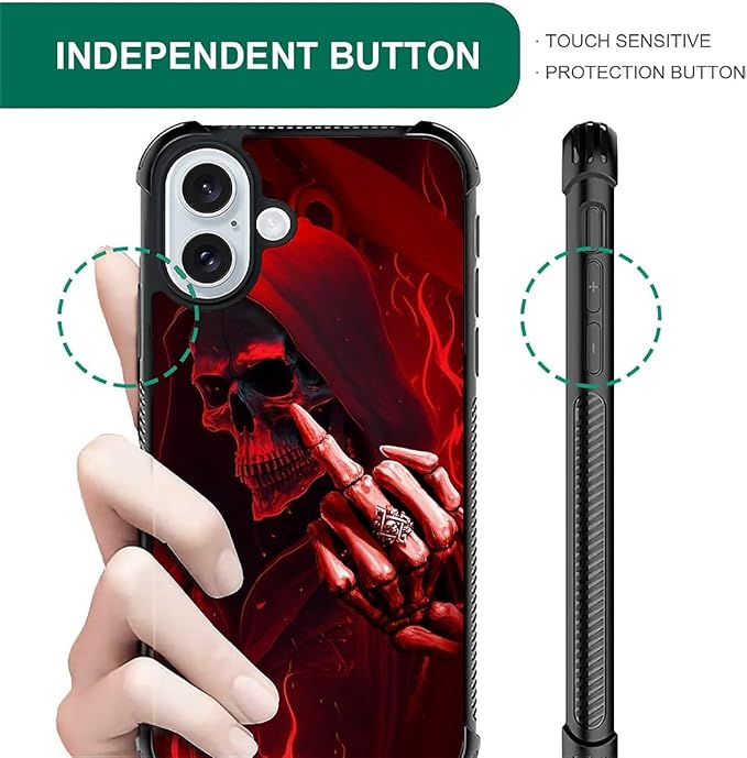 for iPhone 16 Case, Gestures Funny Skull Pattern Graphic Design Girl Boy Soft Silicone Hard Acrylic Shock Protection for iPhone 16