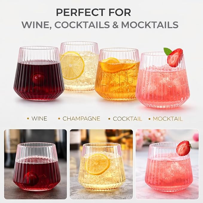 Oojami 40 Pack Pink Ribbed Plastic Wine Glasses 12 oz - Origami Stemless Unbreakable Disposable Cups, BPA-Free Shatterproof, Champagne Whiskey Cocktail Glasses for Wedding, Party, Home, Indoor Outdoor