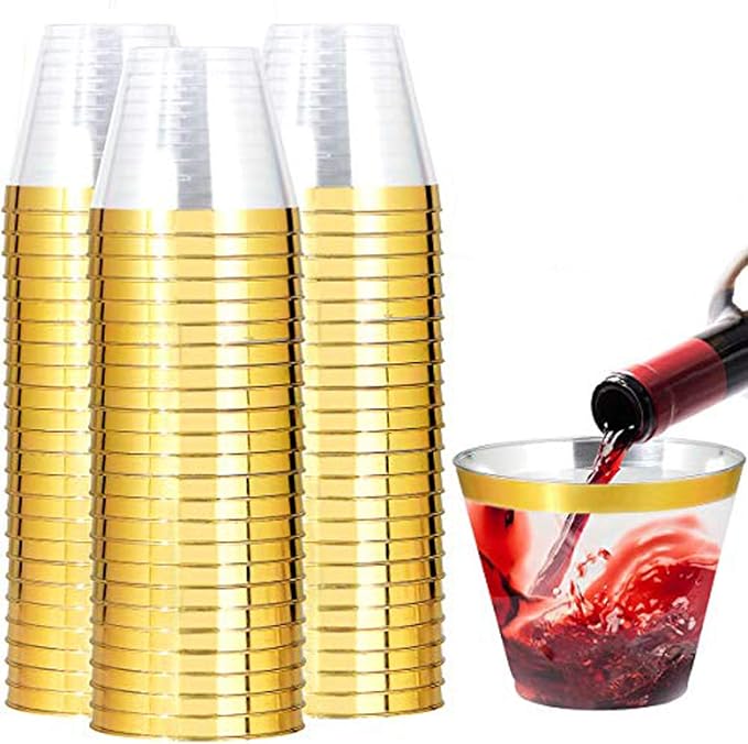 I00000 200 Pack Gold Plastic Cups, 9 Oz Elegant Clear Plastic Cups Gold Rimmed Disposable Wine Glasses Fancy Disposable Party Cup Wedding Cup Drinking Tumblers Cocktail Glasses Perfect for Party