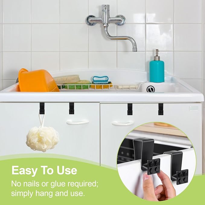 6Pcs Over Cabinet Door Hooks Plastic Over The Door Single Hook Space-Saving Hanger Extender Clips Multi-Purpose Hook for Kitchen Bathroom Bedroom(Black)