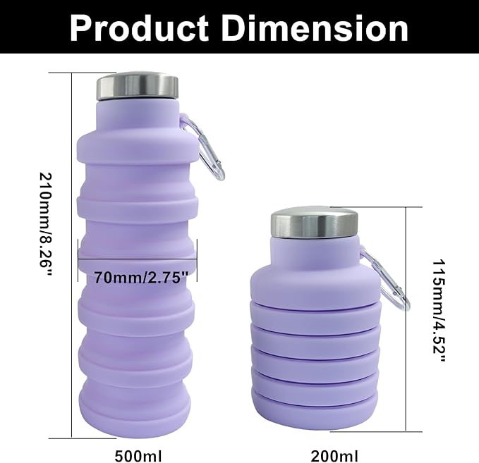 2 Pcs Silicone Collapsible Water Bottle, 17oz(500ml) Portable and Lightweight Travel Water Bottle Silicone Foldable Water Bottles(Black+Purple)