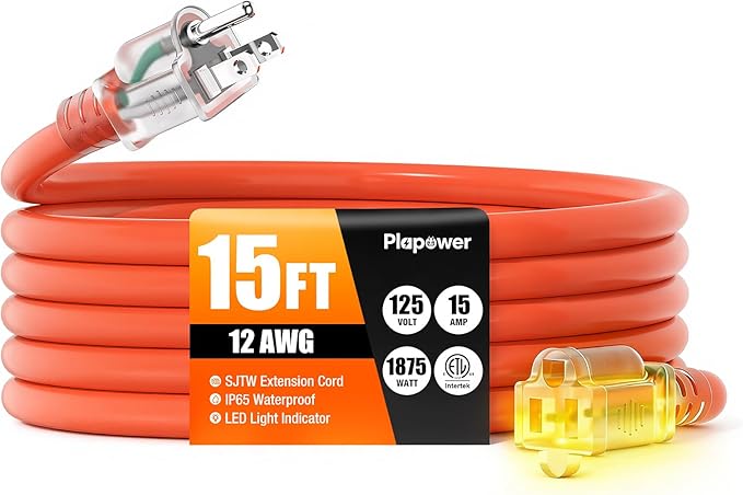 Outdoor Extension Cord 15 FT Waterproof, 12/3 Gauge Heavy Duty 3 Prong Power Cord with Lighted Indicator End, 15A 125V 1875W SJTW, ETL Listed, Great for Lawn/Garden/Home(Orange)