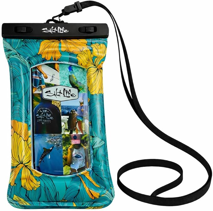 Salt Life Floating Waterproof Phone Case– IPX8 100% Waterproof Phone Case that Floats in Water, Universal Phone Dry Bag with Touchscreen Clear Window, Secure Seal Closure & Lanyard (Sailfish Blossom)