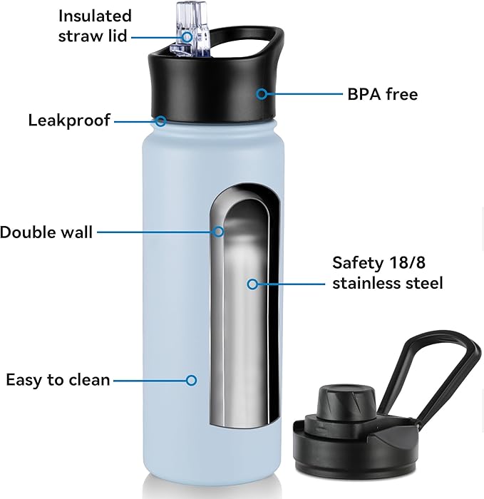 24oz Insulated Water Bottle with Straw Lid, Stainless Steel Metal Water Bottle with Straw & Wide Mouth Lid, Double Wall Vacuum Water Bottle for Hiking Camping, Light Blue 8 Pack
