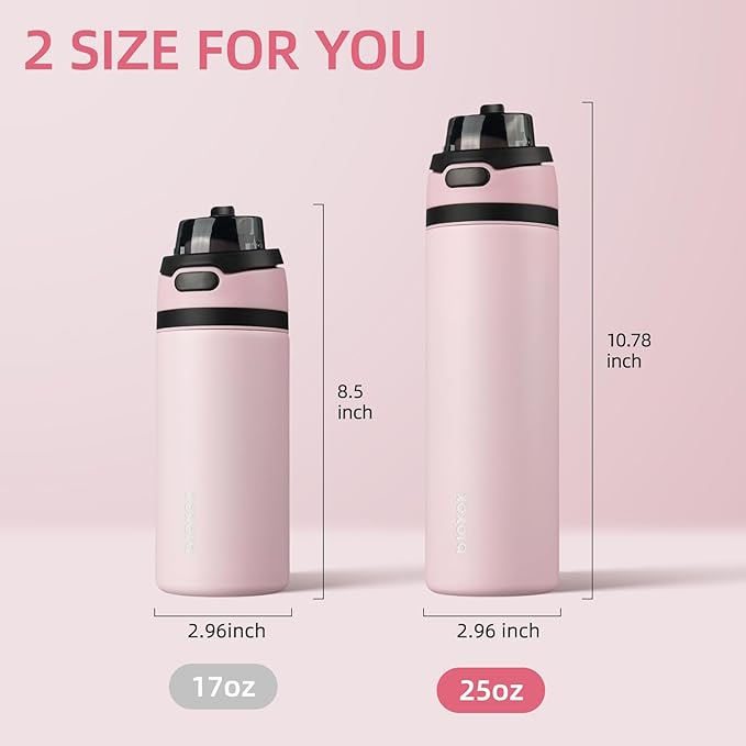 BJPKPK 25oz Insulated Water Bottle with 2-1 Straw Spout Lid, Stainless Steel Metal Water Bottles with Carry Handle, BPA Free, Leak-Proof, Fits in Car Cup Holder, Thermo for Sports,Pearl Pink