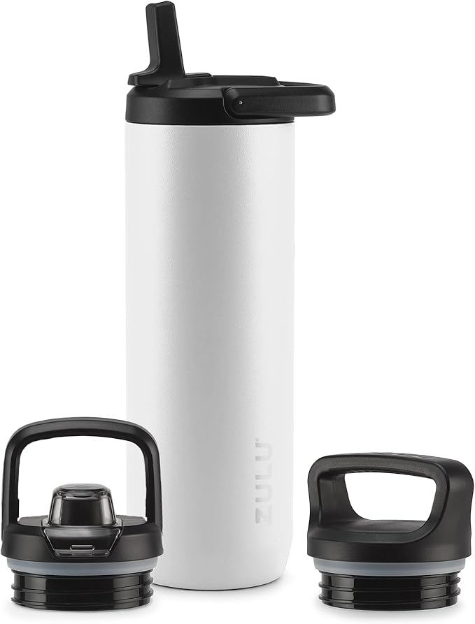 ZULU Base 24oz Stainless Steel Water Bottle with 3 Lids- Straw, Chug, Twist | Double Walled and Vacuum Insulated Metal Thermos | Fits Car Cupholder, Built in Carry Loop, Dishwasher Safe, White