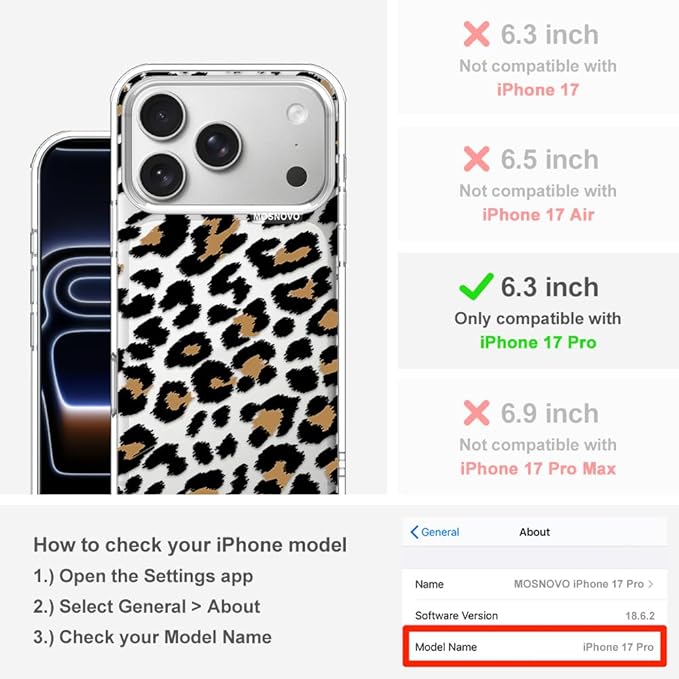 MOSNOVO for iPhone 17 Pro Case | Military Grade 6.6ft Drop Tested | Camera Control | Clear with Leopard Print Design