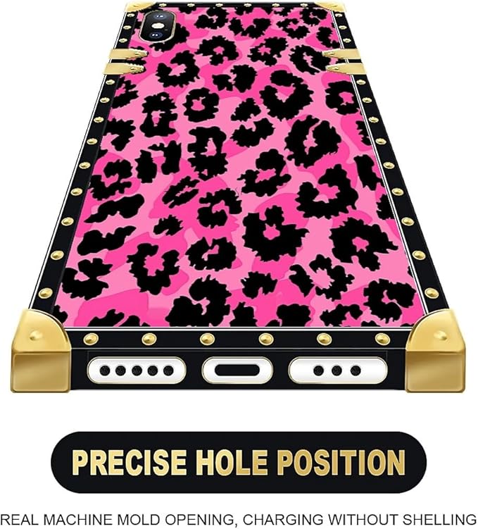 Compatible with iPhone XR Case, Pink Black Leopard Luxury Golden Decoration for Girl Women Soft TPU Shockproof Protective Hard PC Back for iPhone XR