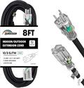 Indoor Outdoor Extension Cord Weatherproof with Lighted End, UL Certified, 10 Gauge 8FT Black 3 Prong Heavy Duty, 10/3 SJTW 15A Power Cord for Outdoor Lights, Lawn