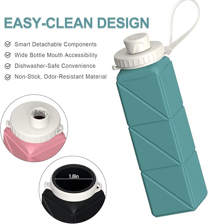 BEAUTAIL Collapsible Water Bottles 20.6oz 2 Pack, Silicone Foldable Portable Travel Water Bottle, BPA-free, Reusable Leakproof for Traveling Camping Hiking Cycling Sports Outdoor (Blue+Pink)