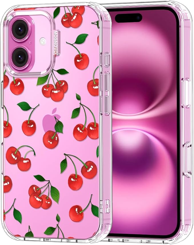MOSNOVO Case for iPhone 16, [Buffertech 6.6ft Military-Grade Drop Protection] [Anti Peel Off Tech] Clear TPU Bumper Phone Case Cover Design - Cute Cherry
