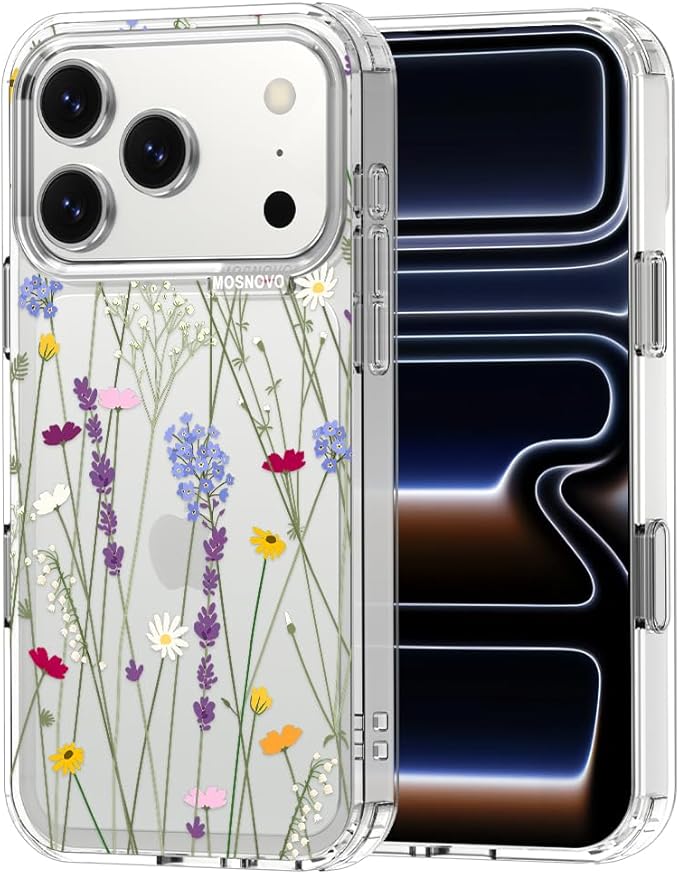 MOSNOVO for iPhone 17 Pro Case | Military Grade 6.6ft Drop Tested | Camera Control | Clear with Floral Garden Design
