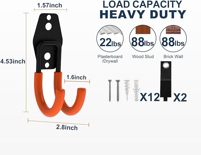 Garage Hooks Heavy Duty, 6 Pack Small Round Steel Garage Storage Hooks with Anti-Slip Coating, Multi-Purpose Ladder Hooks for Hanging Garden Tools, Hoses, Bikes and Folding Chairs (Orange)