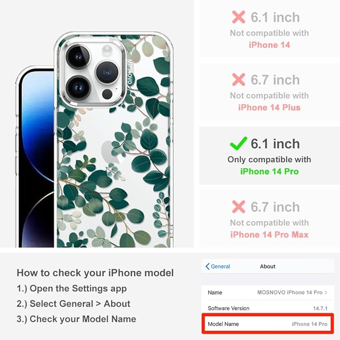 MOSNOVO Case for iPhone 14 Pro, [Buffertech 6.6ft Military-Grade Drop Protection] [Anti Peel Off Tech] Clear TPU Bumper Phone Case Cover Design - Eucalyptus