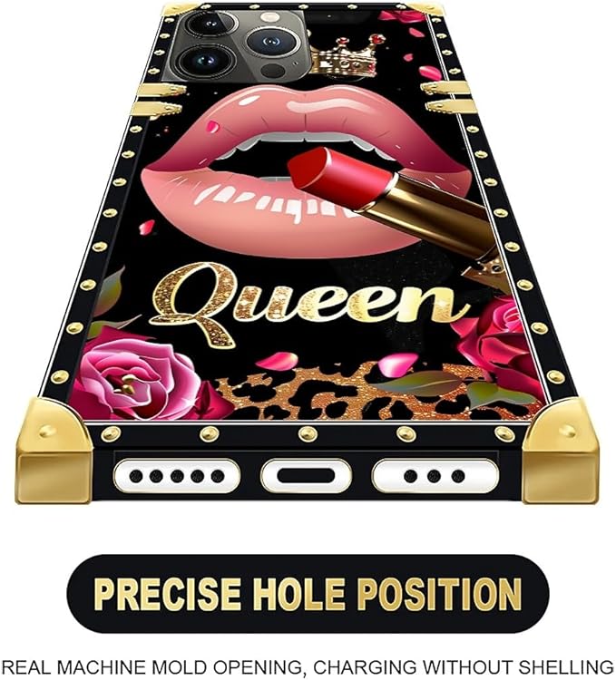 Compatible with iPhone 16 Pro Case, Glitter Red Rose Queen Leopard Lipstick Luxury Golden Decoration for Girl Women Soft TPU Shockproof Protective Hard PC Back
