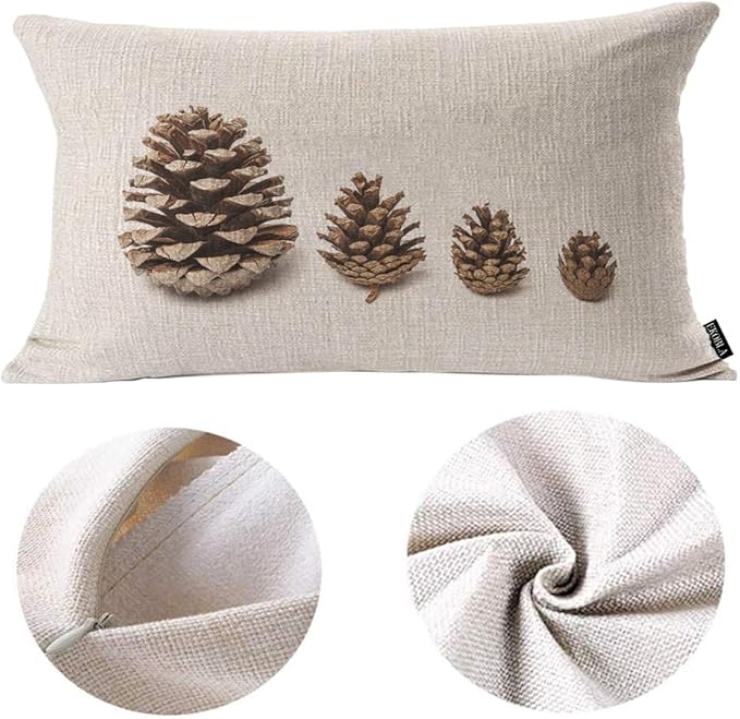 EKOBLA Pinecone Throw Pillow Case - Pine Cone Evergreen Coniferous Forest Plant Farmhouse Rectangle Cushion Cover - Cotton Linen - 12x20 Inches, Brown